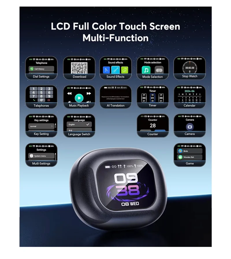 Open-Ear headphones LCD Touch,Bluetooth,Real-Time AI Translator Earbuds (188)Languages -D. Black