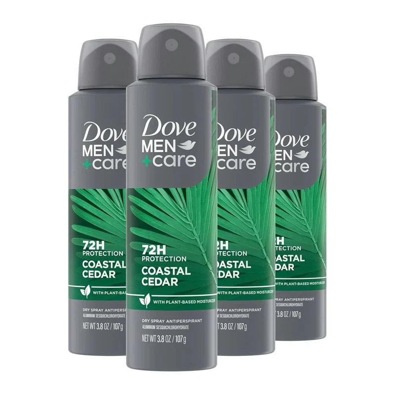 DOVE MEN + CARE Dry Spray Antiperspirant Coastal Cedar 4 Count 72H Protection with a Plant-Based Moisturizer 3.8 oz (Pack of 4)