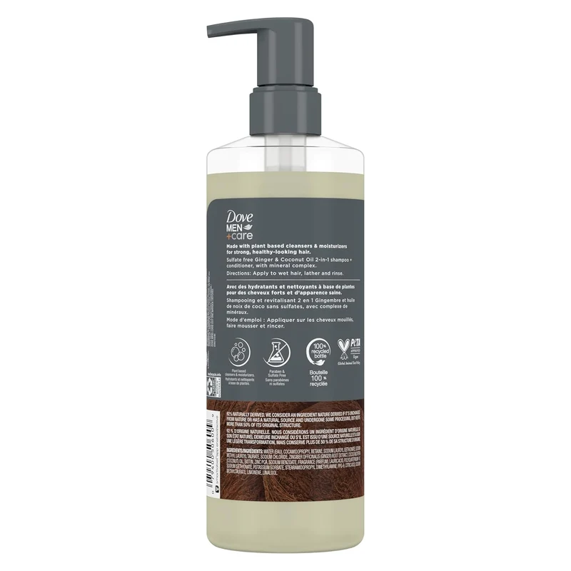 DOVE MEN CARE 2-in-1 Shampoo + Conditioner - Ginger & Coconut Oil for Hydrated Hair, +Mineral Complex, 17.5 oz (2PK)