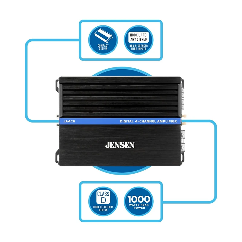 JA-Series JA4CH High Performance Class-D Bridgeable 4-Channel Car Audio Amplifier 1,000 Watts Peak Power Bridgeable Efficient Compact Design