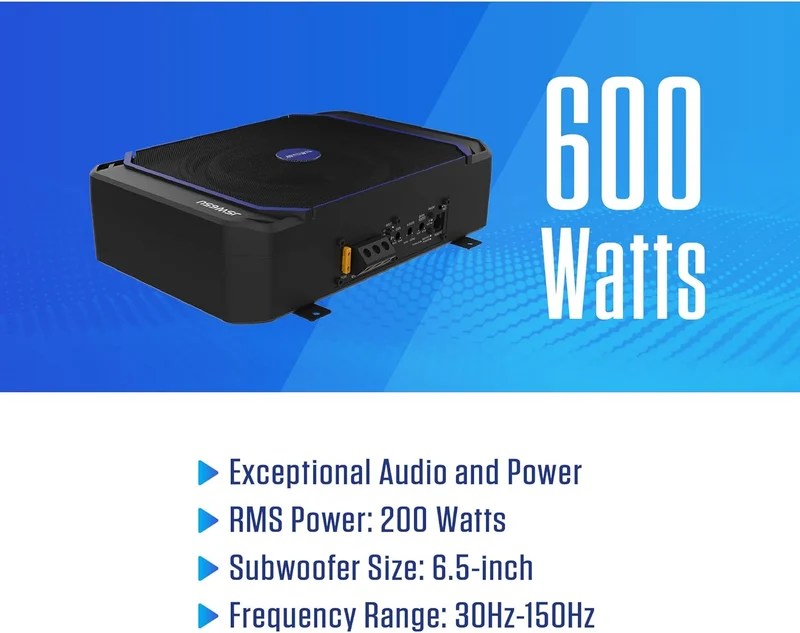 JSW65U Powerful 600W 6.5 Inches Compact UnderSeat Amplified Subwoofer Class D Design for Efficient Power Usage | Remote Bass Control