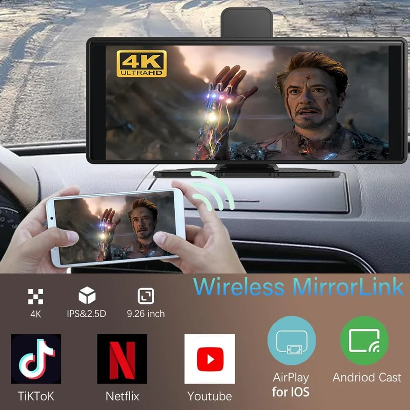 Wireless Carplay 4k Ultra HD Screen 10.26 Inches 360 Rotation Dash Cam Carplay & Android 1080p GPS Navigation/Mirror Link/Voice Control/Siri/FM Satellite Radio Receiver