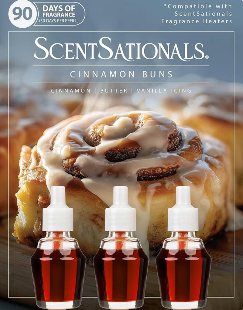 ScentSationals Cinnamon Buns Fragrance Oil Plug In Air Freshener Refills 3-Pack - Works w/ Scentsationals Wall Plugs - Packaging May Vary