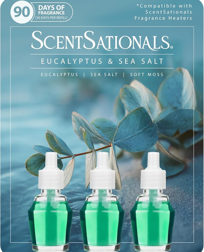 Scentsationals Fragrance Oil Plug in Air Freshener Refills 3-Pack - Eucalyptus & Sea Salt - Works w/ Scentsationals Wall Plugs - Packaging May Vary