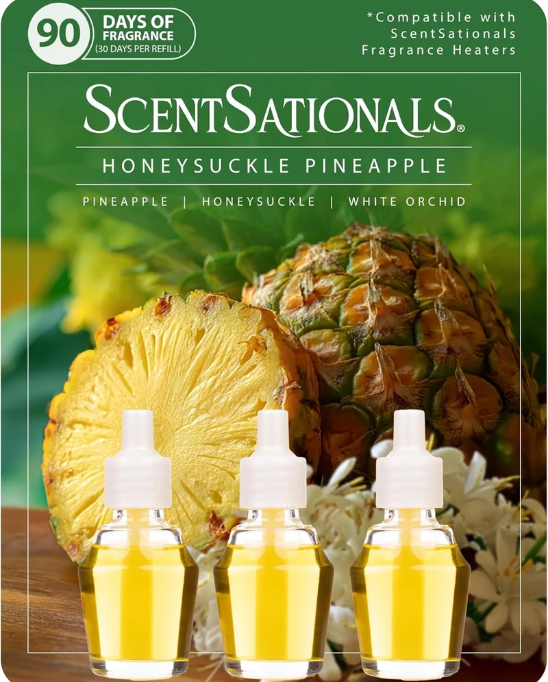 ScentSationals Honeysuckle Pineapple Fragrance Oil Plug In Air Freshener Refills 3-Pack - Works w/ Scentsationals Wall Plugs - Packaging May Vary