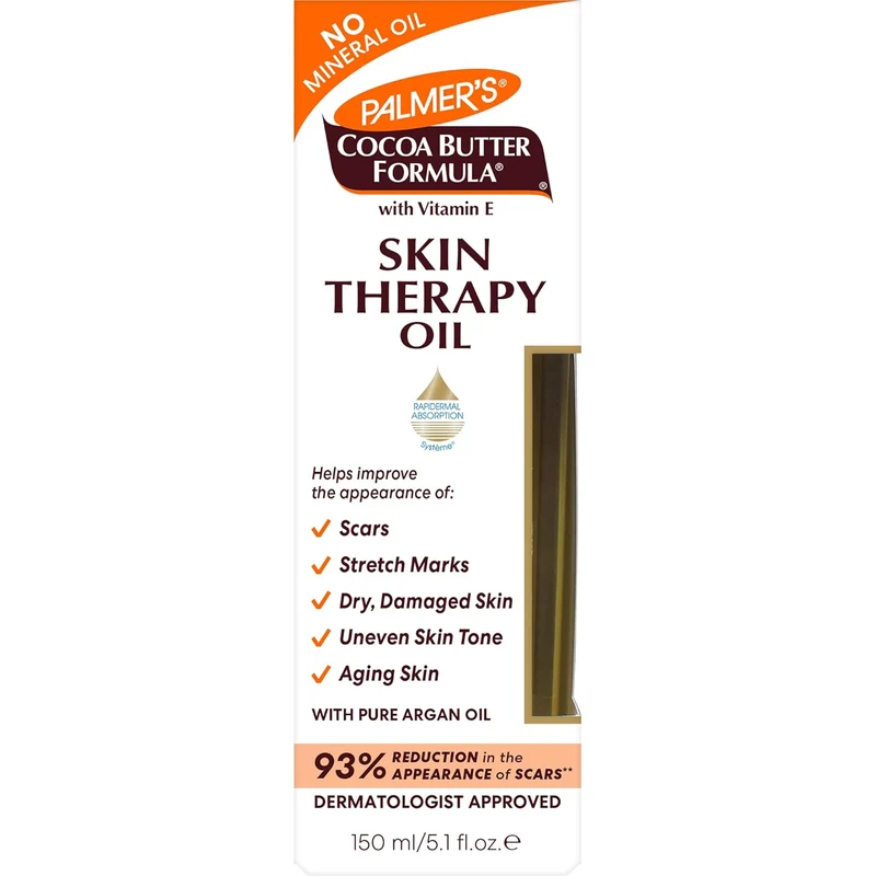 Palmer's Cocoa Butter Formula Skin Moisturizing Body Oil w/ Vitamin E & Pure Argan Oil, Deep Body Moisturizer for Dry, Damaged Skin, Scars or Stretch Marks, 5.1 Fl Oz
