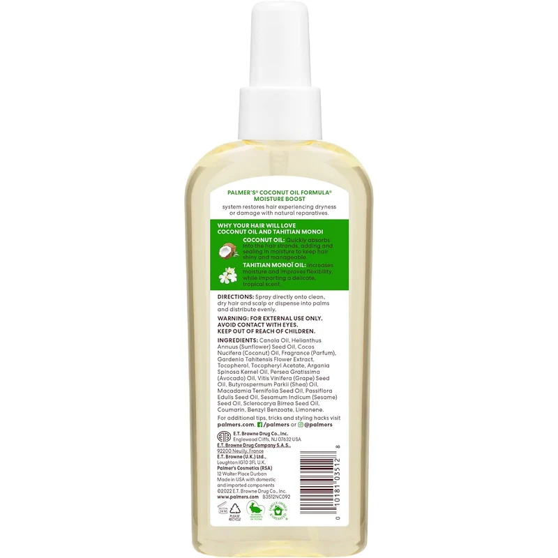 Palmer's Coconut Oil Moisture Boost, Restorative Hair and Scalp Oil Spray, Lasting Hydration and Shine for Dry or Damaged Hair, Promotes Scalp Health ( 5.1 Oz)