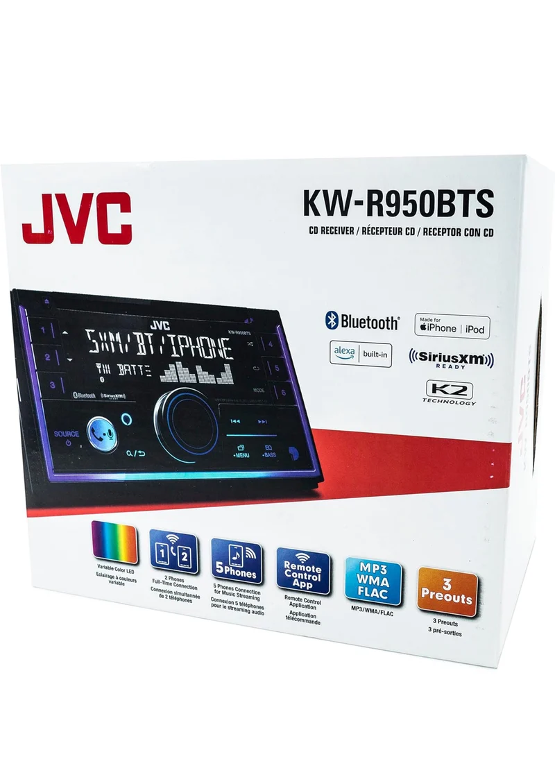 JVC KW-R950BTS Bluetooth Car Stereo Receiver with USB Port – LCD Display - AM/FM Radio - MP3 Player - Double DIN – 13-Band EQ (Black)