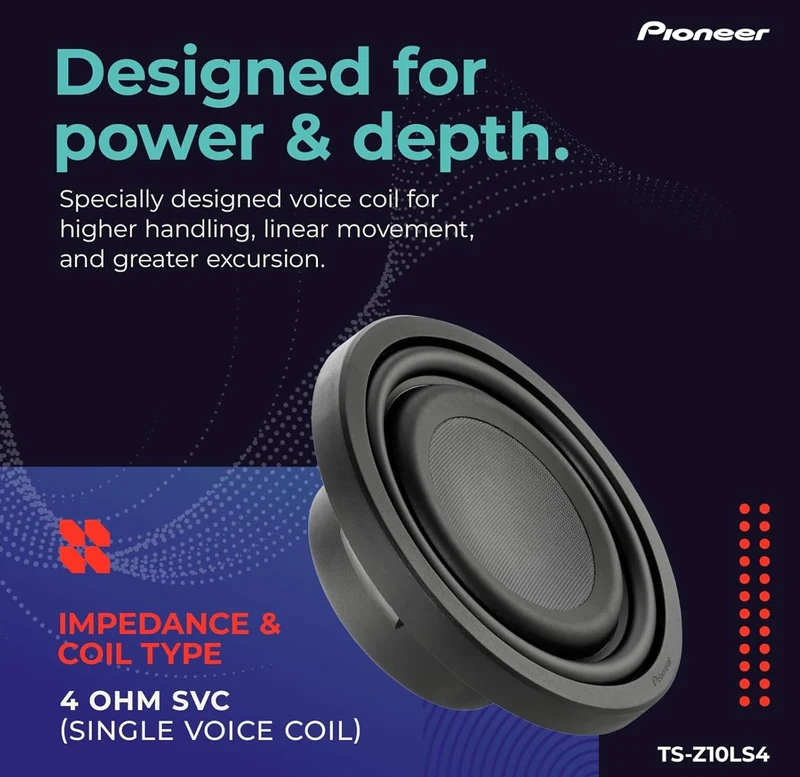 Pioneer TS-Z10LS4 10” Oversized Subwoofer, Shallow Design, Easy Installation and Flexible Fit, 1300 Watts Peak Power, Single 4 Ohms Voice Coil for Deep, Enhanced Bass Response