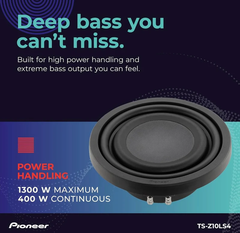 Pioneer TS-Z10LS4 10” Oversized Subwoofer, Shallow Design, Easy Installation and Flexible Fit, 1300 Watts Peak Power, Single 4 Ohms Voice Coil for Deep, Enhanced Bass Response
