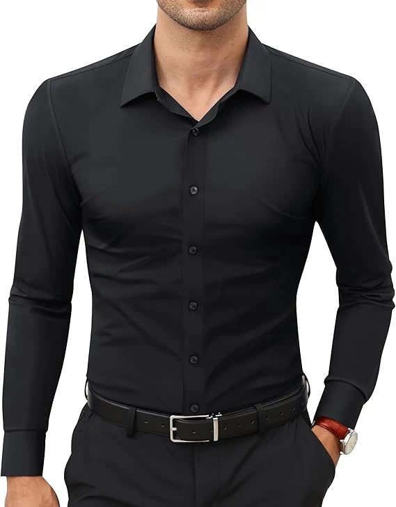 Mens Long Sleeve Slim Fit , Muscle Fit Wrinkle Free, Button Down Stretchable