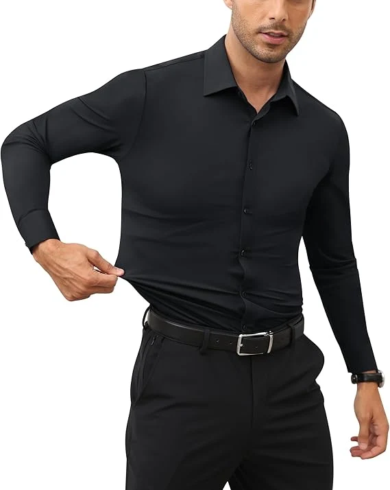 Mens Long Sleeve Slim Fit , Muscle Fit Wrinkle Free, Button Down Stretchable