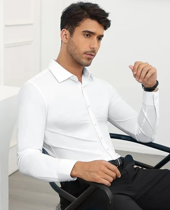 Mens Long Sleeve Slim Fit , Muscle Fit Wrinkle Free, Button Down Stretchable