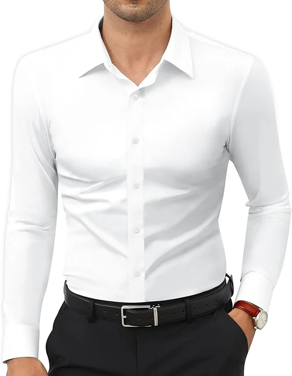 Mens Long Sleeve Slim Fit , Muscle Fit Wrinkle Free, Button Down Stretchable