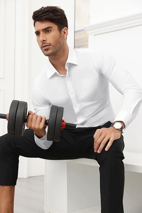 Mens Long Sleeve Slim Fit , Muscle Fit Wrinkle Free, Button Down Stretchable