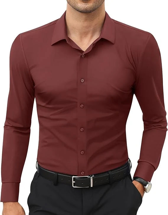Mens Long Sleeve Slim Fit , Muscle Fit Wrinkle Free, Button Down Stretchable