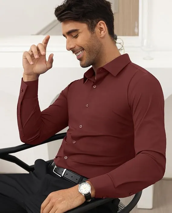 Mens Long Sleeve Slim Fit , Muscle Fit Wrinkle Free, Button Down Stretchable