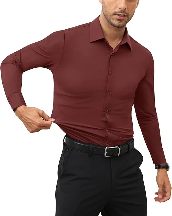 Mens Long Sleeve Slim Fit , Muscle Fit Wrinkle Free, Button Down Stretchable