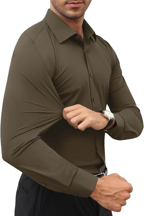 Mens Long Sleeve Slim Fit , Muscle Fit Wrinkle Free, Button Down Stretchable