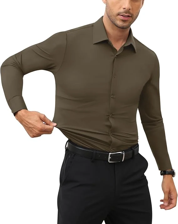 Mens Long Sleeve Slim Fit , Muscle Fit Wrinkle Free, Button Down Stretchable