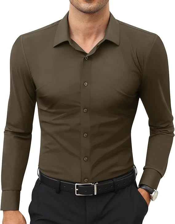 Mens Long Sleeve Slim Fit , Muscle Fit Wrinkle Free, Button Down Stretchable