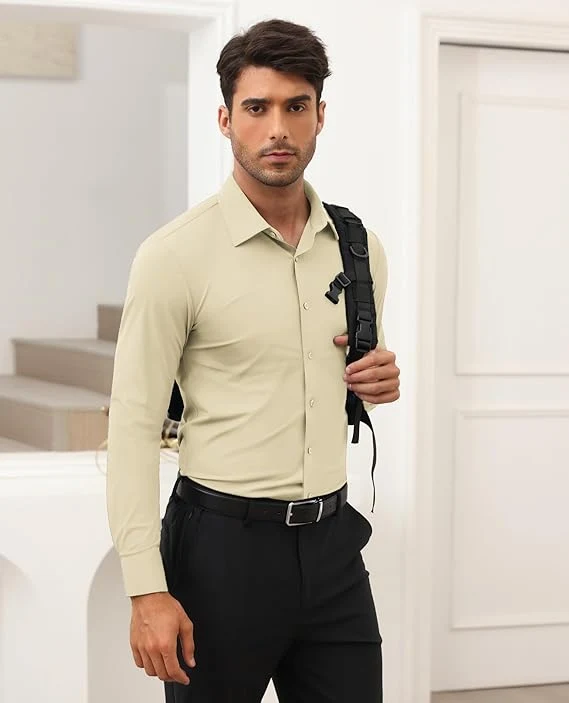 Mens Long Sleeve Slim Fit , Muscle Fit Wrinkle Free, Button Down Stretchable
