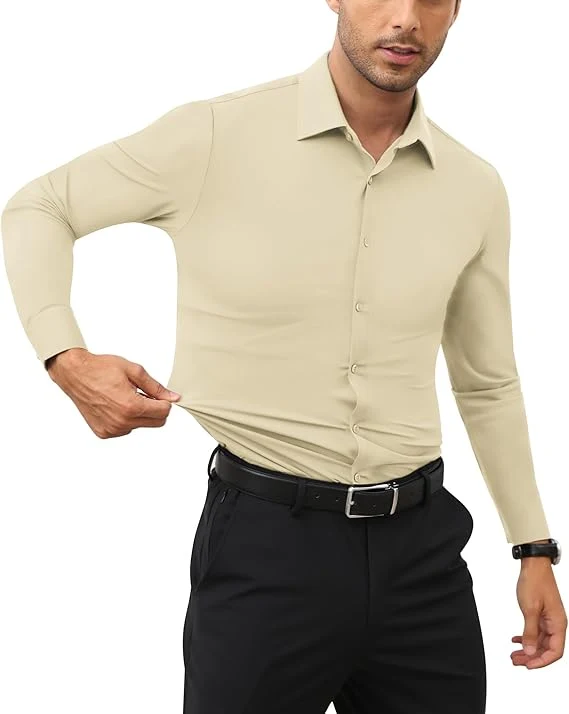 Mens Long Sleeve Slim Fit , Muscle Fit Wrinkle Free, Button Down Stretchable