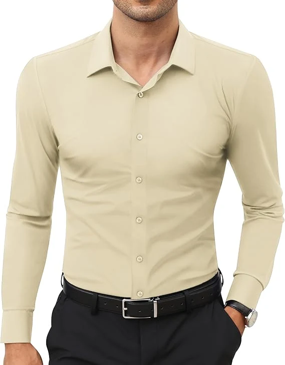 Mens Long Sleeve Slim Fit , Muscle Fit Wrinkle Free, Button Down Stretchable