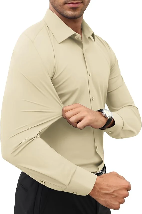 Mens Long Sleeve Slim Fit , Muscle Fit Wrinkle Free, Button Down Stretchable