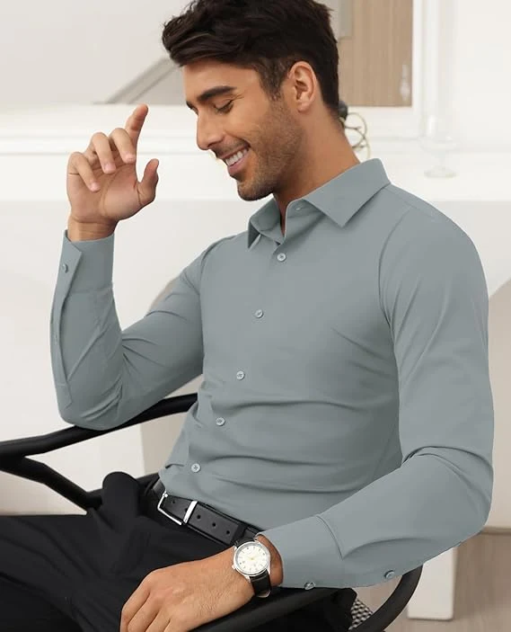 Mens Long Sleeve Slim Fit , Muscle Fit Wrinkle Free, Button Down Stretchable