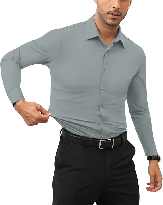 Mens Long Sleeve Slim Fit , Muscle Fit Wrinkle Free, Button Down Stretchable