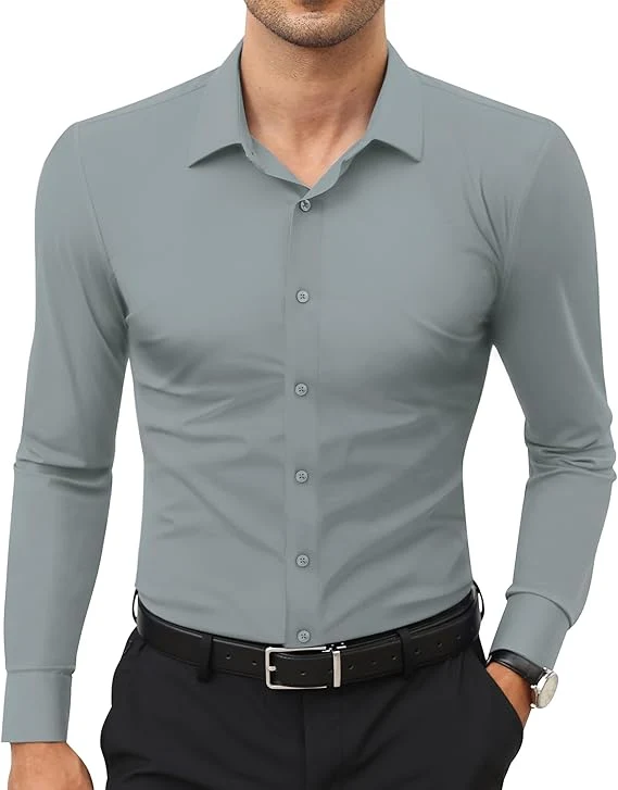 Mens Long Sleeve Slim Fit , Muscle Fit Wrinkle Free, Button Down Stretchable