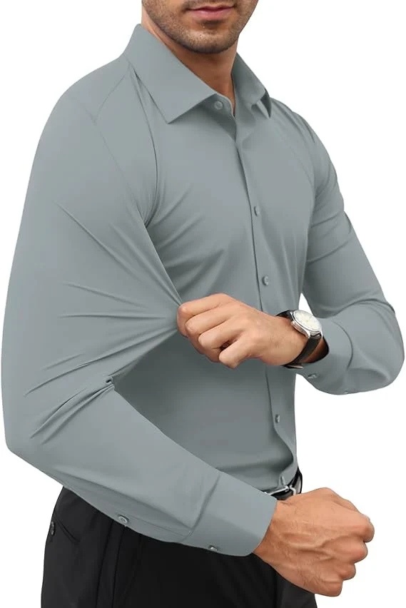 Mens Long Sleeve Slim Fit , Muscle Fit Wrinkle Free, Button Down Stretchable