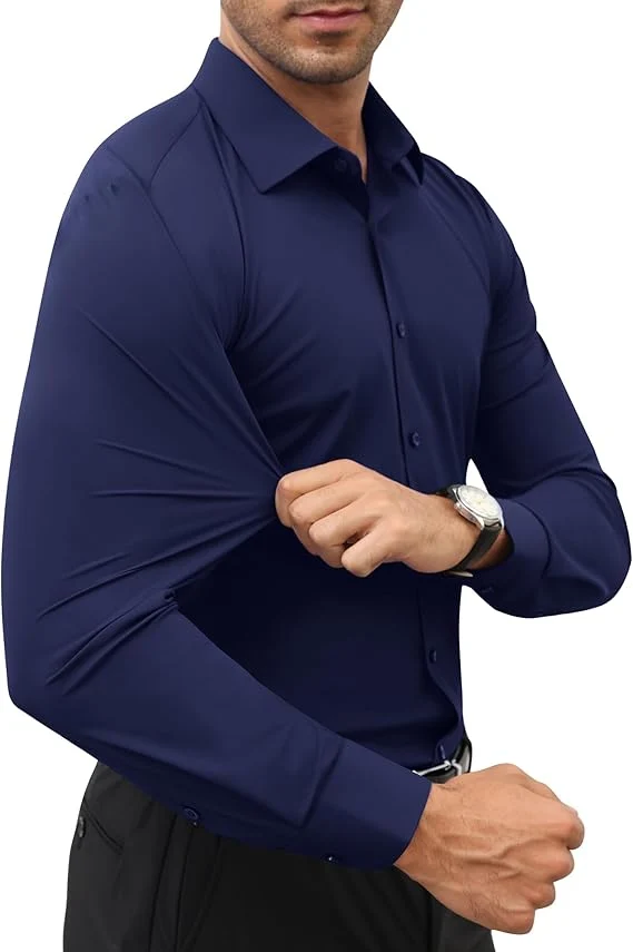 Mens Long Sleeve Slim Fit , Muscle Fit Wrinkle Free, Button Down Stretchable
