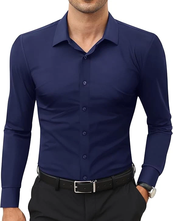 Mens Long Sleeve Slim Fit , Muscle Fit Wrinkle Free, Button Down Stretchable