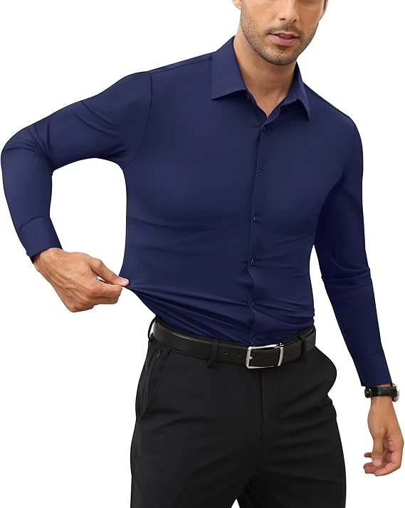 Mens Long Sleeve Slim Fit , Muscle Fit Wrinkle Free, Button Down Stretchable
