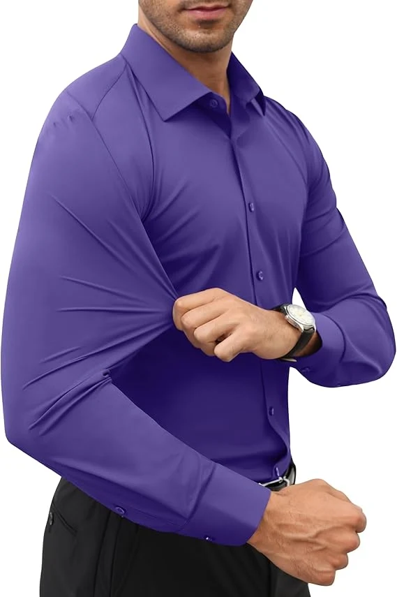 Mens Long Sleeve Slim Fit , Muscle Fit Wrinkle Free, Button Down Stretchable