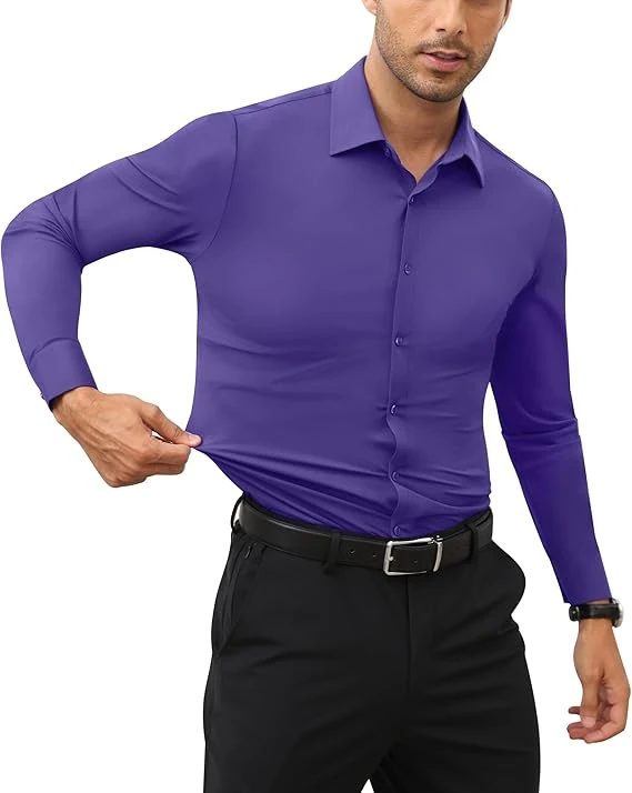 Mens Long Sleeve Slim Fit , Muscle Fit Wrinkle Free, Button Down Stretchable