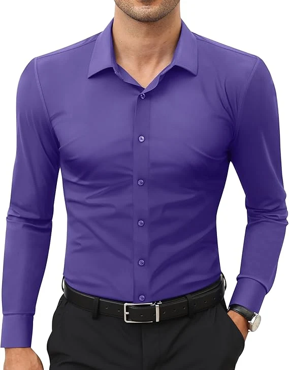 Mens Long Sleeve Slim Fit , Muscle Fit Wrinkle Free, Button Down Stretchable