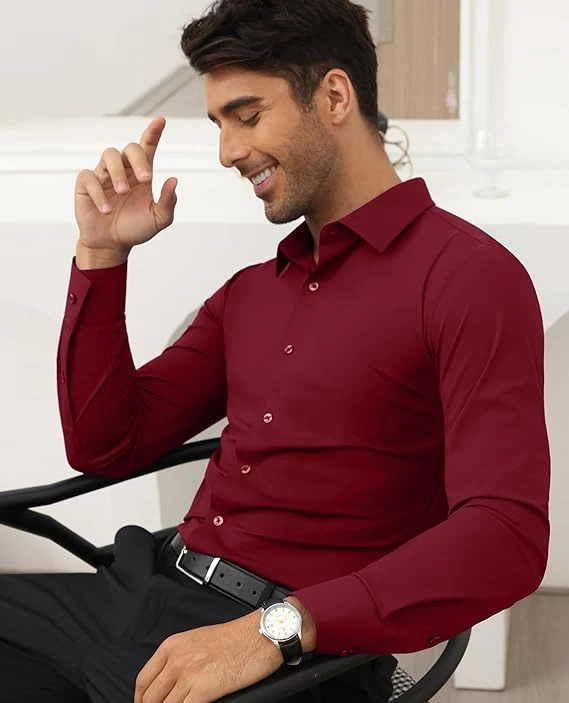 Mens Long Sleeve Slim Fit , Muscle Fit Wrinkle Free, Button Down Stretchable