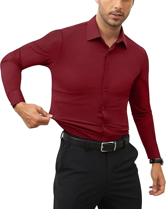 Mens Long Sleeve Slim Fit , Muscle Fit Wrinkle Free, Button Down Stretchable