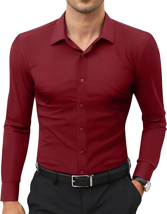 Mens Long Sleeve Slim Fit , Muscle Fit Wrinkle Free, Button Down Stretchable