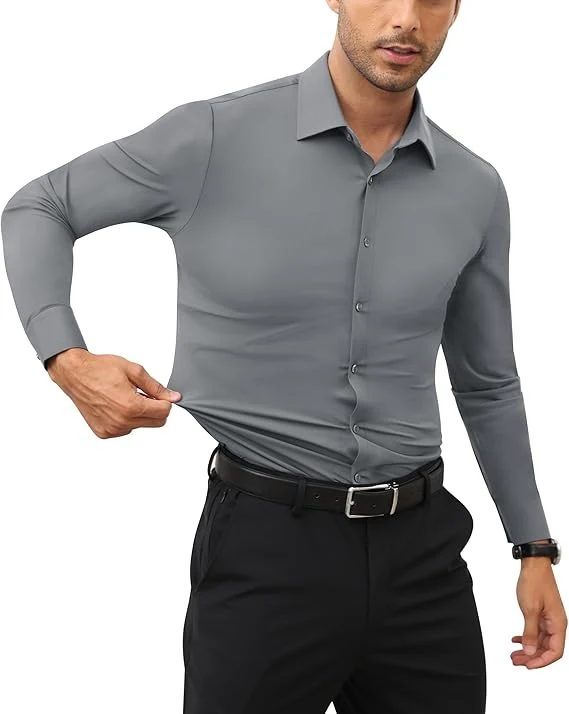Mens Long Sleeve Slim Fit , Muscle Fit Wrinkle Free, Button Down Stretchable