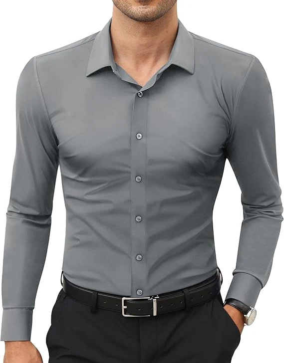 Mens Long Sleeve Slim Fit , Muscle Fit Wrinkle Free, Button Down Stretchable