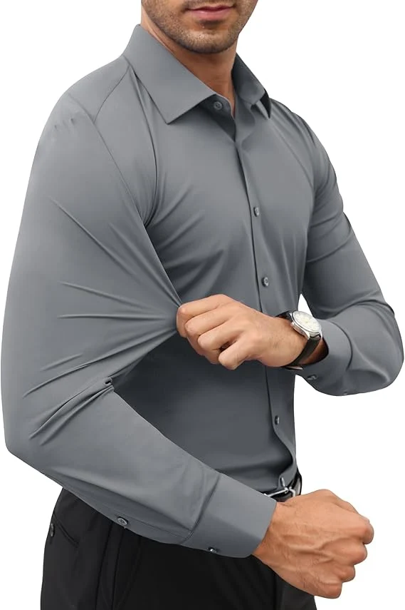 Mens Long Sleeve Slim Fit , Muscle Fit Wrinkle Free, Button Down Stretchable