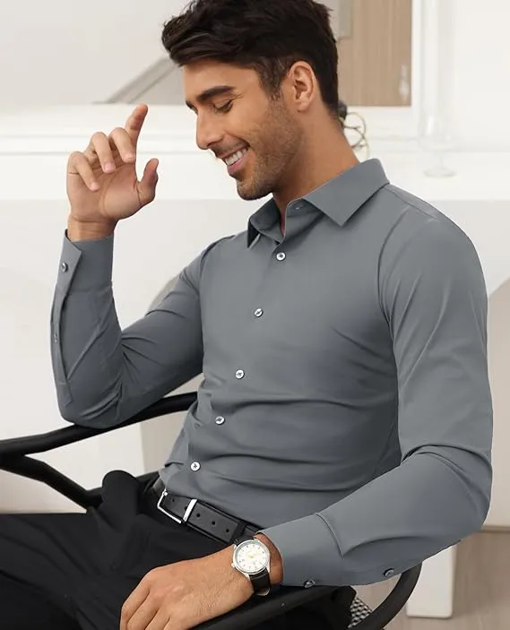 Mens Long Sleeve Slim Fit , Muscle Fit Wrinkle Free, Button Down Stretchable