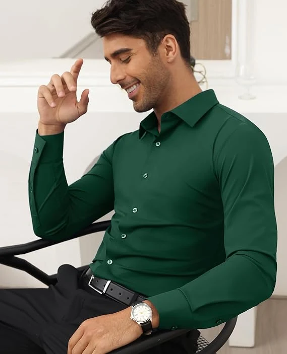Mens Long Sleeve Slim Fit , Muscle Fit Wrinkle Free, Button Down Stretchable