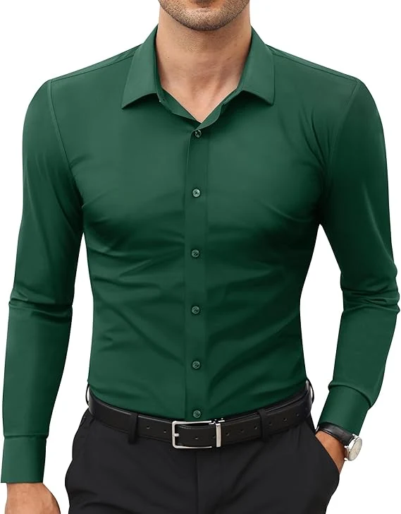 Mens Long Sleeve Slim Fit , Muscle Fit Wrinkle Free, Button Down Stretchable