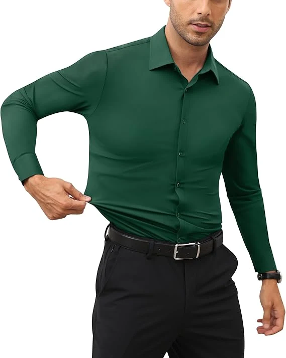 Mens Long Sleeve Slim Fit , Muscle Fit Wrinkle Free, Button Down Stretchable