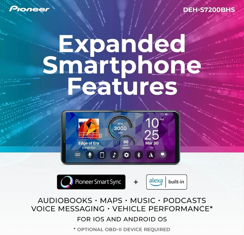 Pioneer DEH-S7200BHS Audio CD Receiver and Bluetooth Car Stereo - Single Din, Amazon Alexa, HD Radio and Enhanced Audio Functions